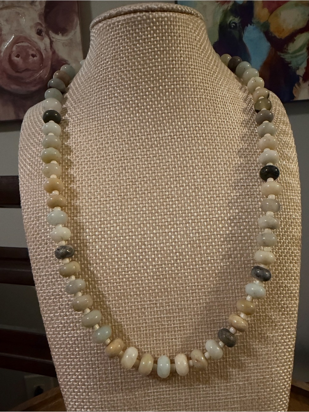 Hand Crafted Cream, Beige, Light Gray and Pale Green Multi-Stone Necklace